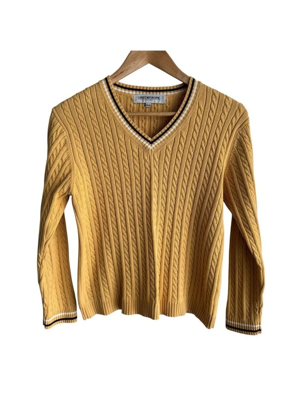 Vintage 90s Cable Knit V Neck Sweater Petite M Mustard Yellow Varsity Preppy EUC